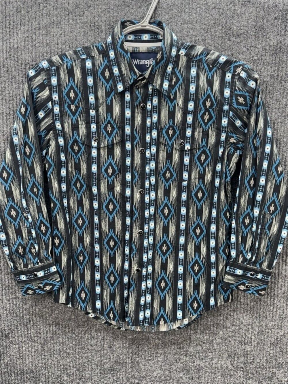 Wrangler Pearl Snap Shirt Boys Medium Blue Black Long Sleeve Aztec Southwestern